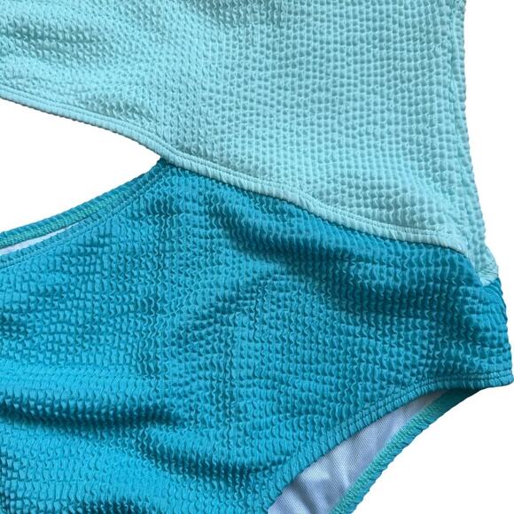 Colorblock Two Toned Blue One Shoulder Cut Out One Piece Swimsuit Size L - Picture 9 of 10
